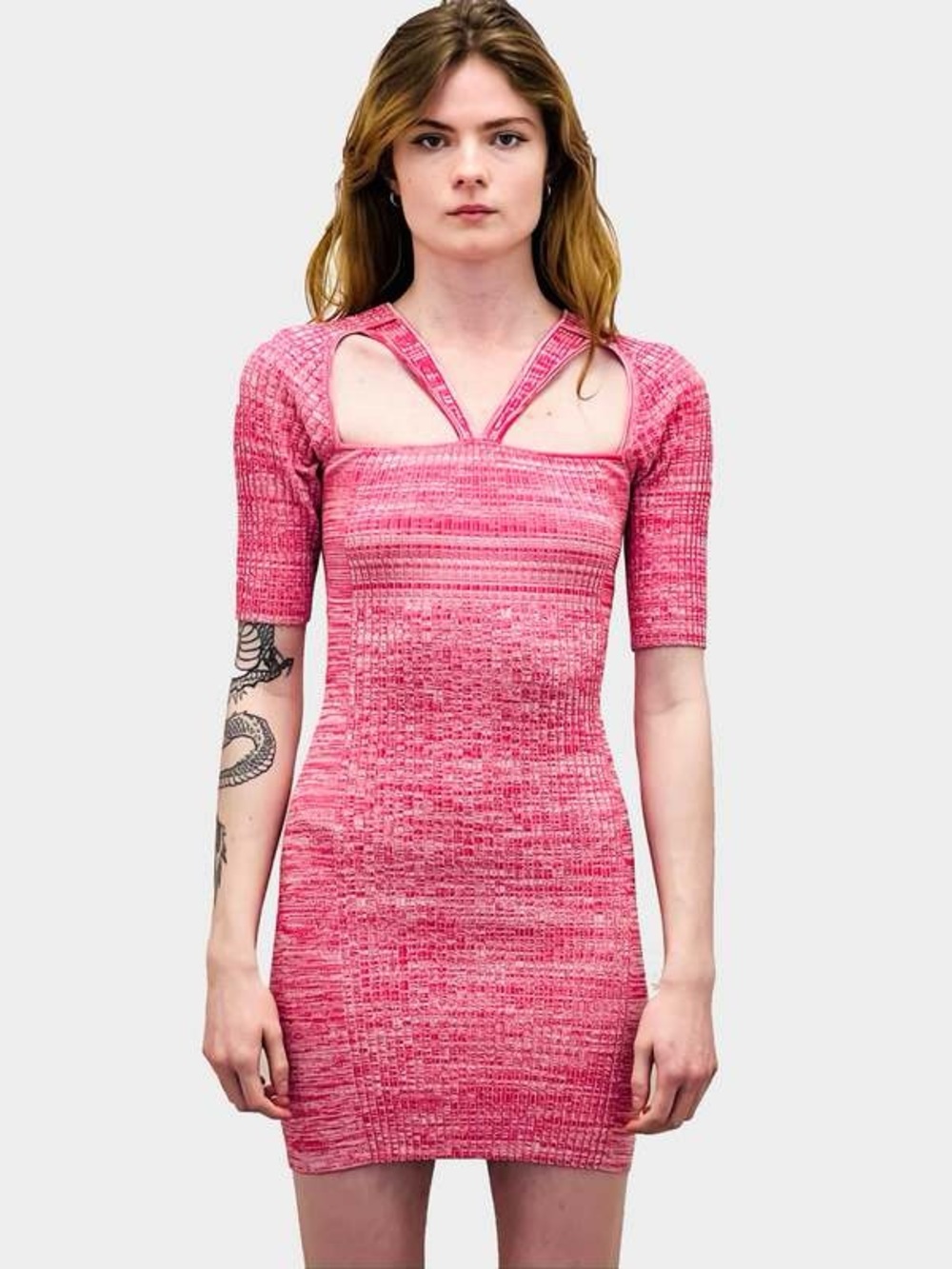 Ganni Melange Cut Out Knit Ribbed Mini Dress In Love Potion Pink New Size Medium